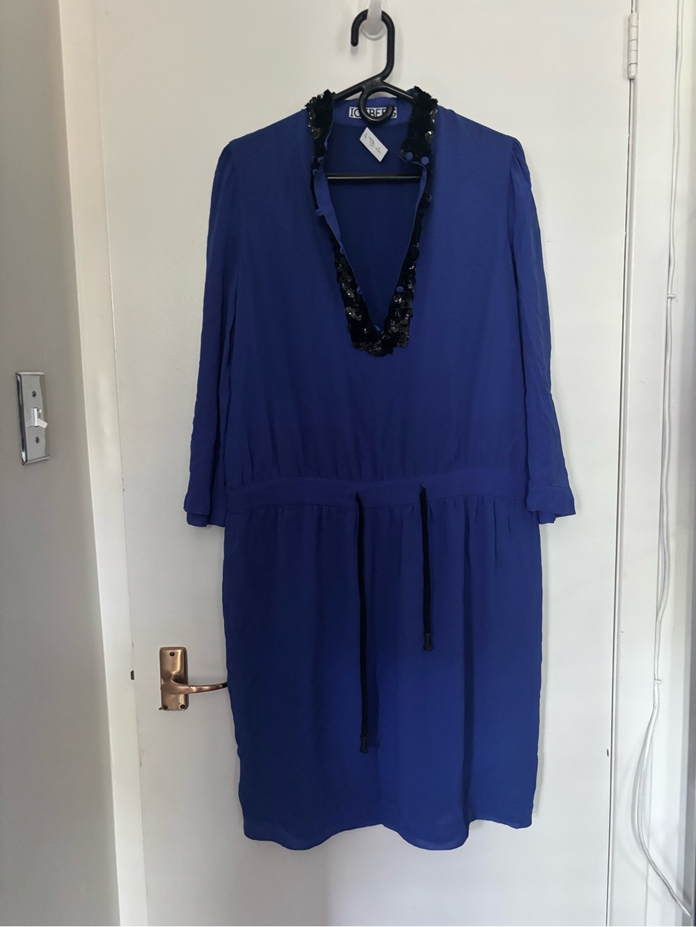 Iceberg Silk Dress. Size L. Cobalt Blue Long-Sleeve V-Neck with Beaded Trim